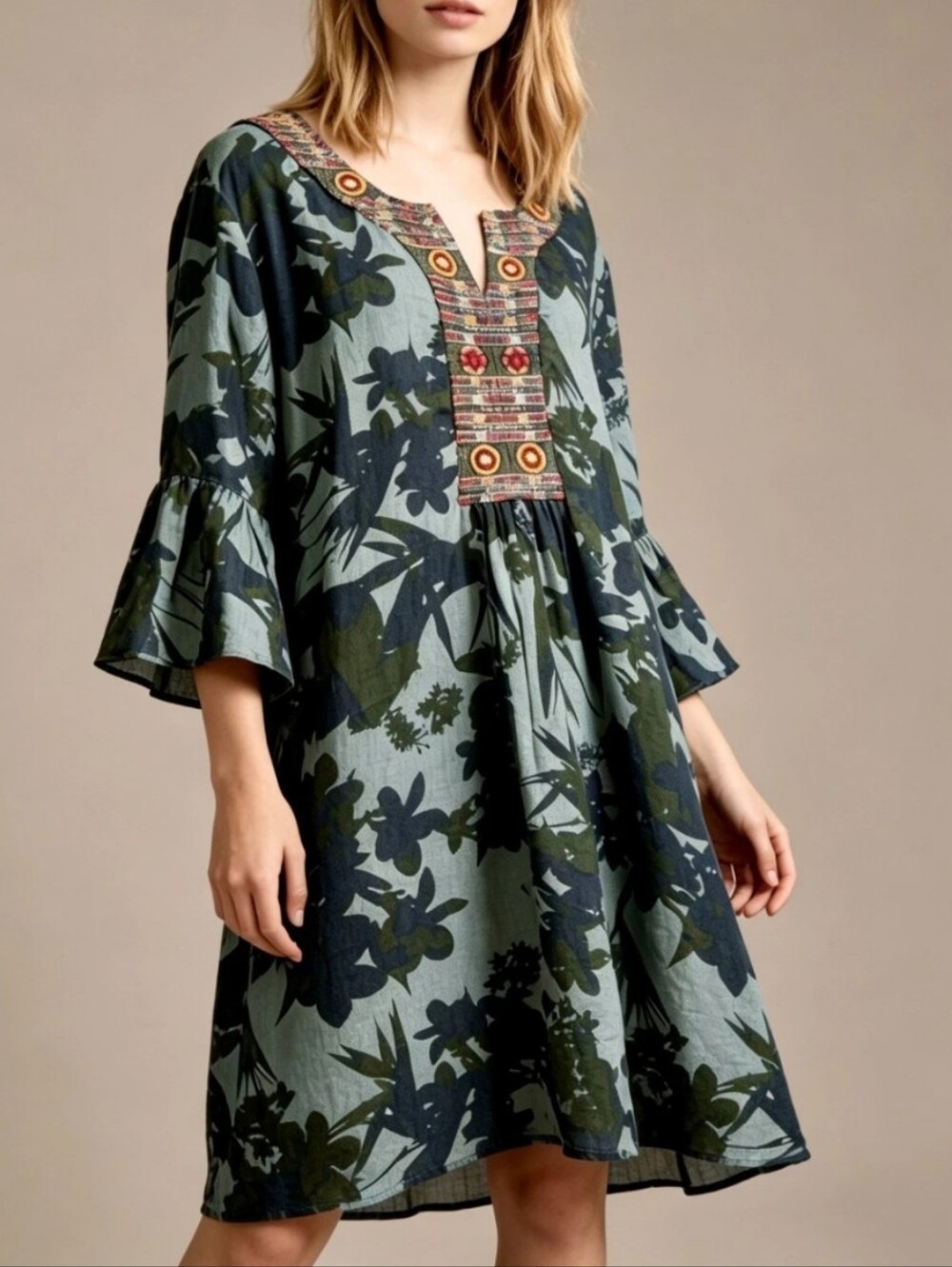 Johnny Was-Flare-Sleeve Camo Tunic Dress-Size 1X